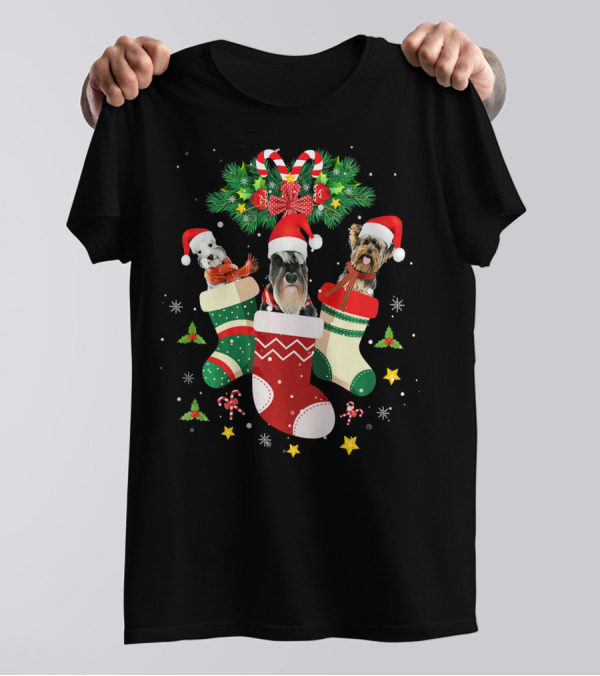 Christmas Schnauzer And Dogs In Festive Santa Hats And Stockings T-Shirt