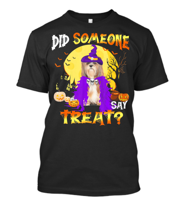 Did Someone Say Lhasa Apso Dog Halloween Treat In Witch Hat And Purple Boa T-Shirt