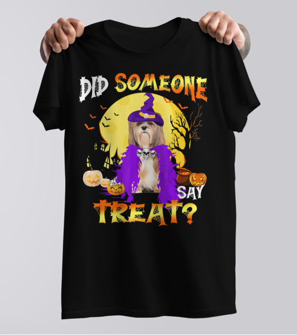 Did Someone Say Lhasa Apso Dog Halloween Treat In Witch Hat And Purple Boa T-Shirt