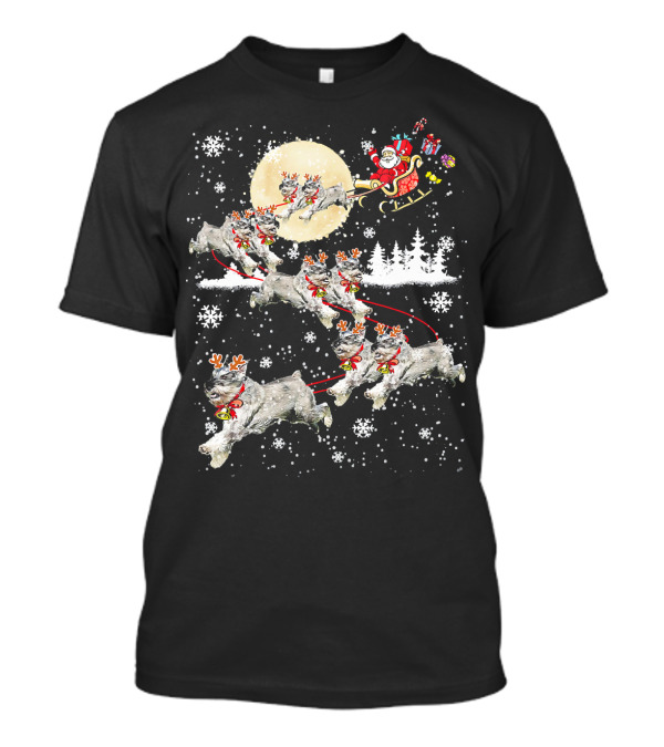 Santa Sleigh Christmas Schnauzer Reindeer Dog Snowflakes Moon T-Shirt