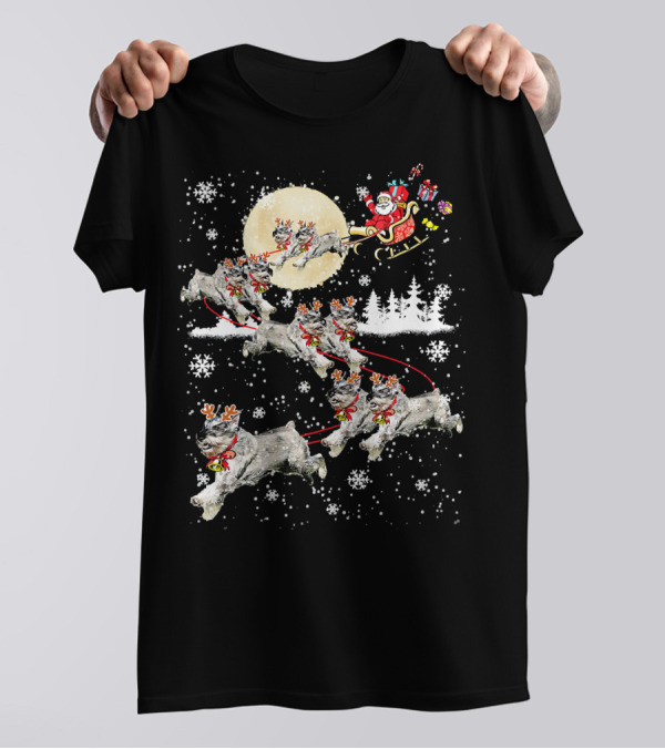 Santa Sleigh Christmas Schnauzer Reindeer Dog Snowflakes Moon T-Shirt