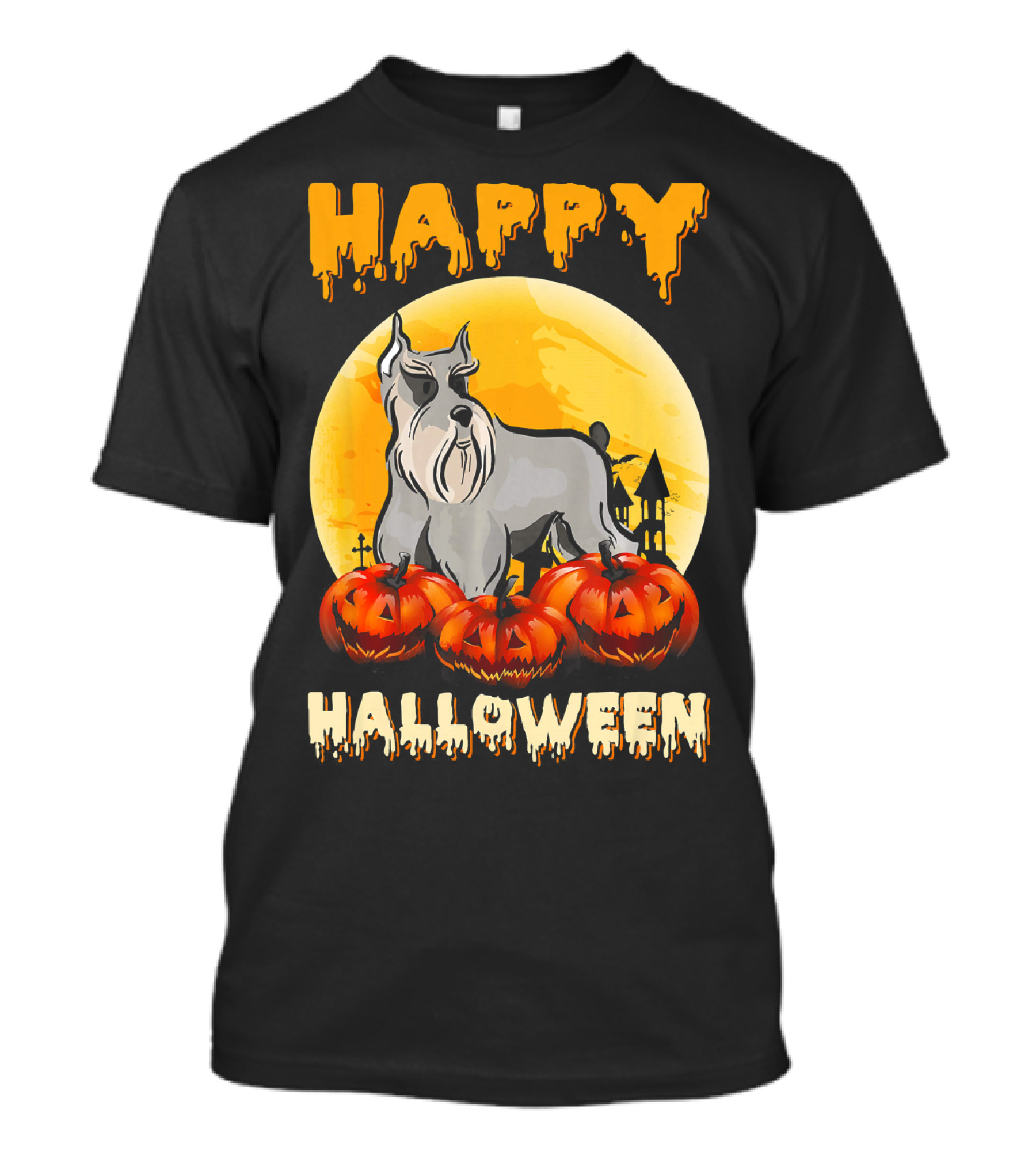 Happy Halloween Schnauzer Dog Scary Pumpkins Moon Scene T-Shirt