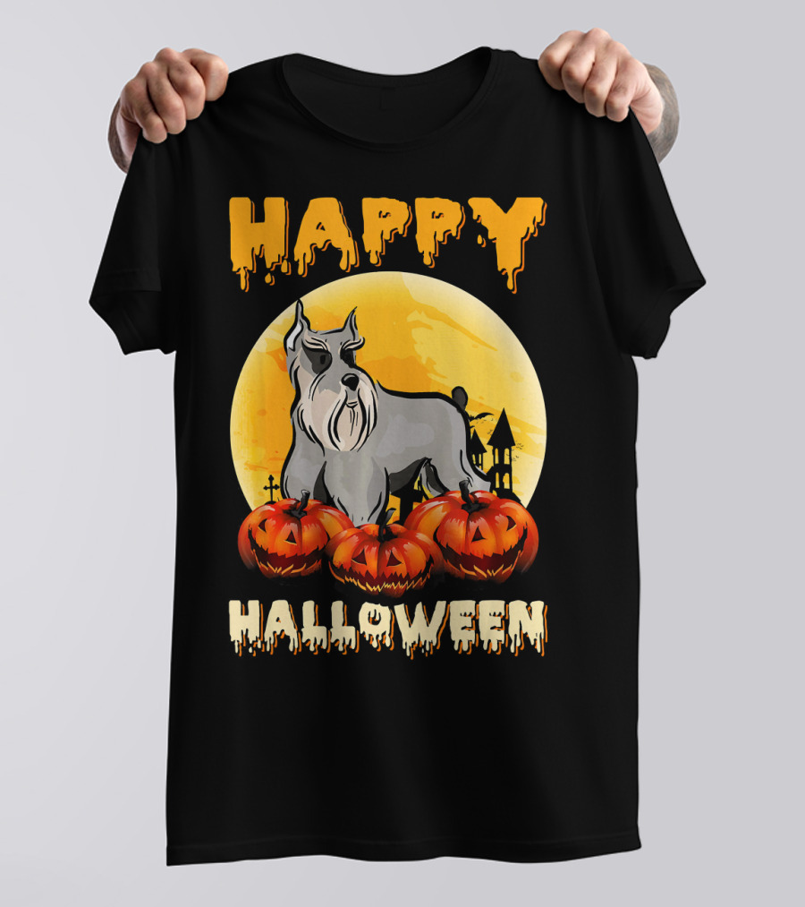 Happy Halloween Schnauzer Dog Scary Pumpkins Moon Scene T-Shirt