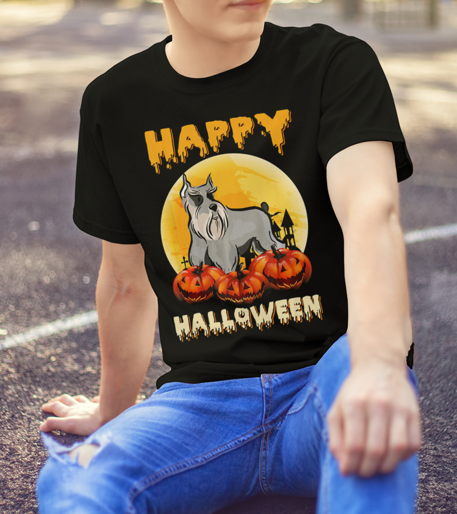 Happy Halloween Schnauzer Dog Scary Pumpkins Moon Scene T-Shirt