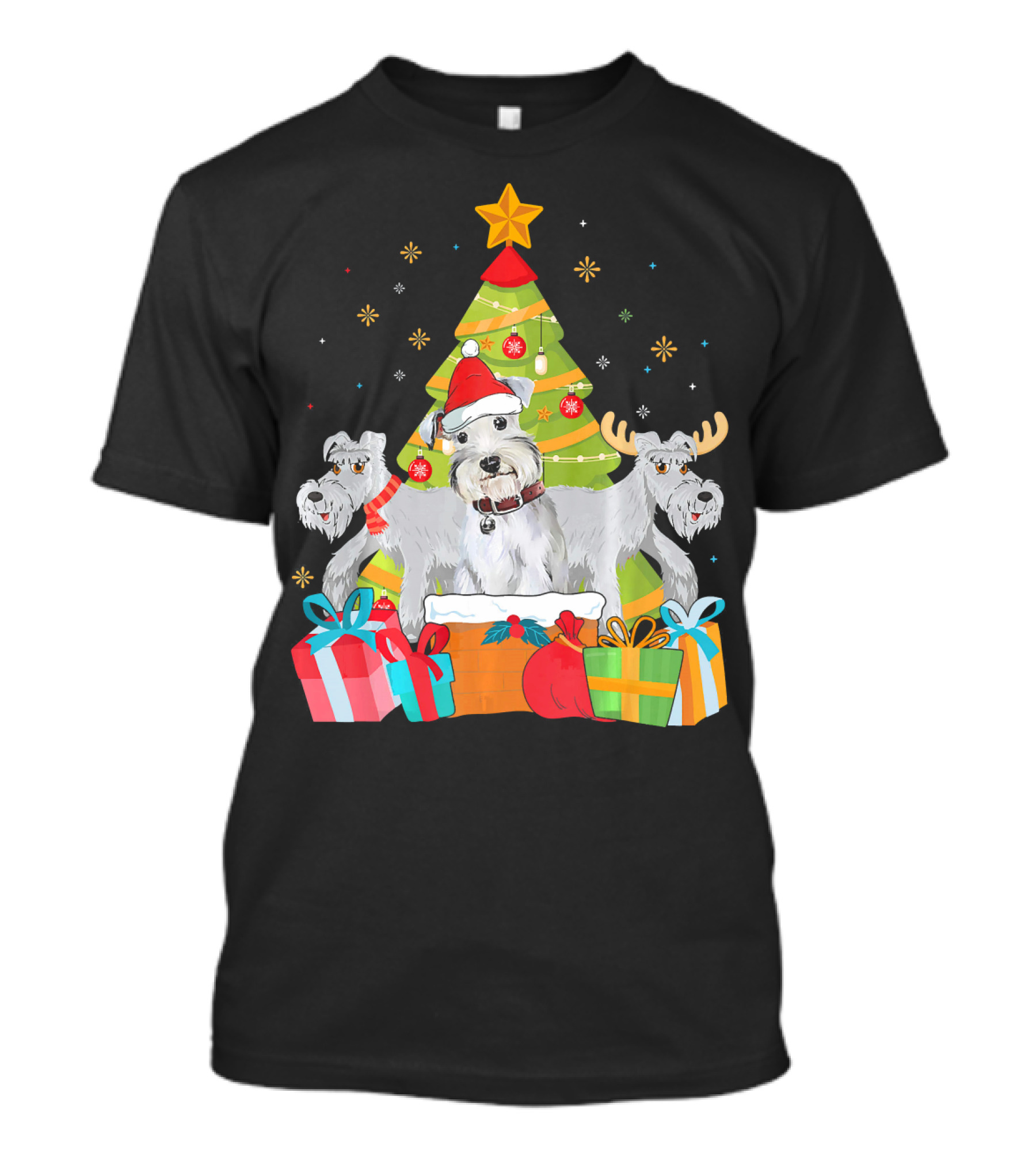 Christmas Cute Schnauzer Dog With Santa Hat And Reindeer Surrounded By Presents In Front Of Christmas Tree T-Shirt