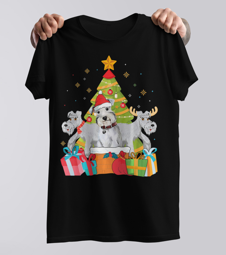 Christmas Cute Schnauzer Dog With Santa Hat And Reindeer Surrounded By Presents In Front Of Christmas Tree T-Shirt