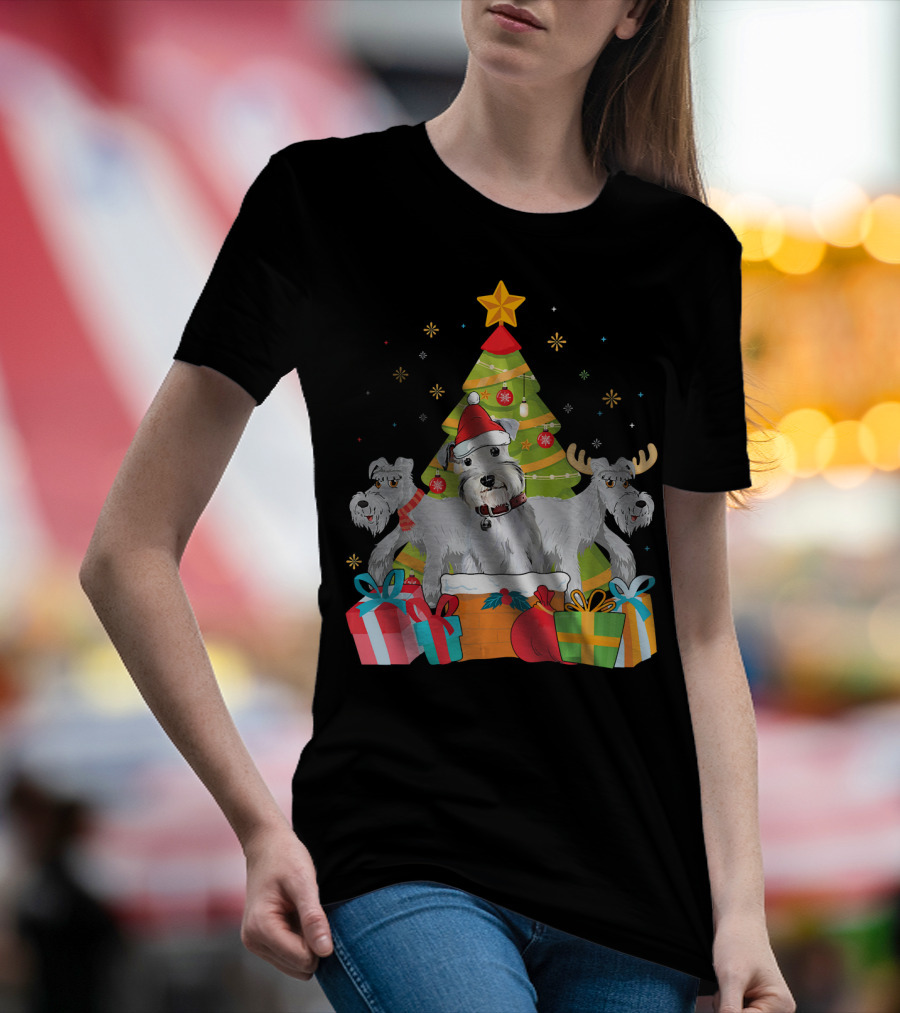 Christmas Cute Schnauzer Dog With Santa Hat And Reindeer Surrounded By Presents In Front Of Christmas Tree T-Shirt