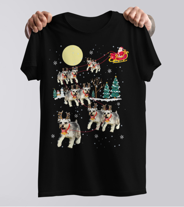 Christmas Santa Sleigh Reindeer Schnauzer Dog Snowflakes T-Shirt