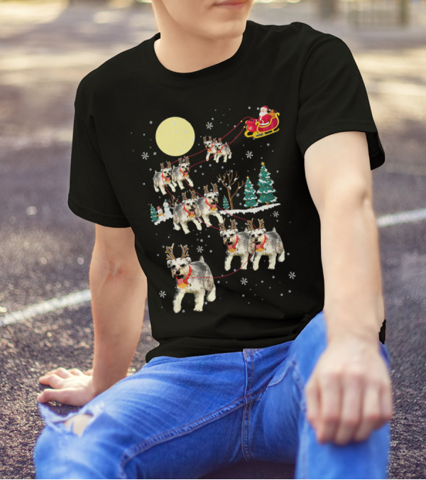 Christmas Santa Sleigh Reindeer Schnauzer Dog Snowflakes T-Shirt