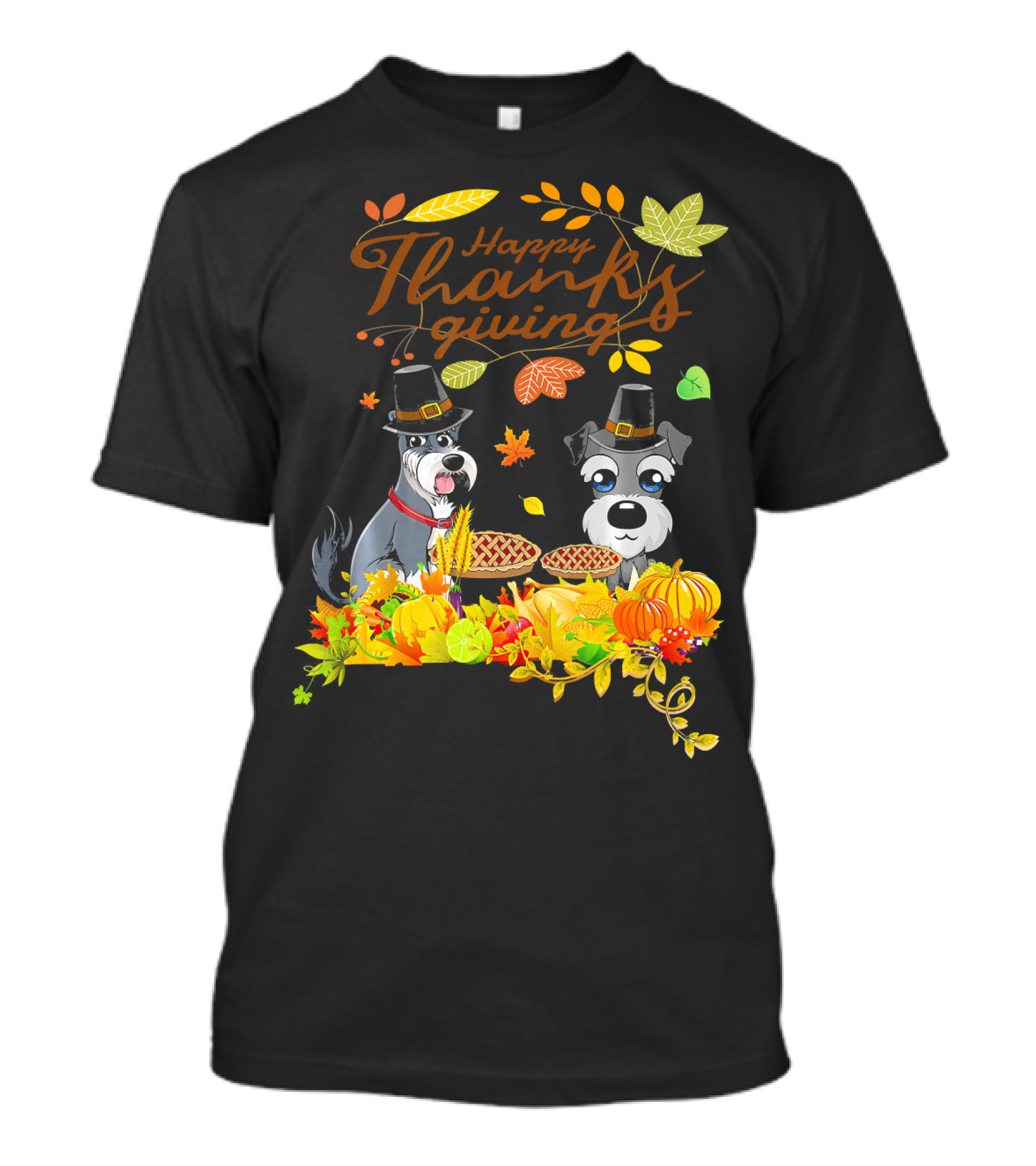 Happy Thanksgiving Pilgrim Miniature Schnauzers With Pie And Pumpkins T-Shirt
