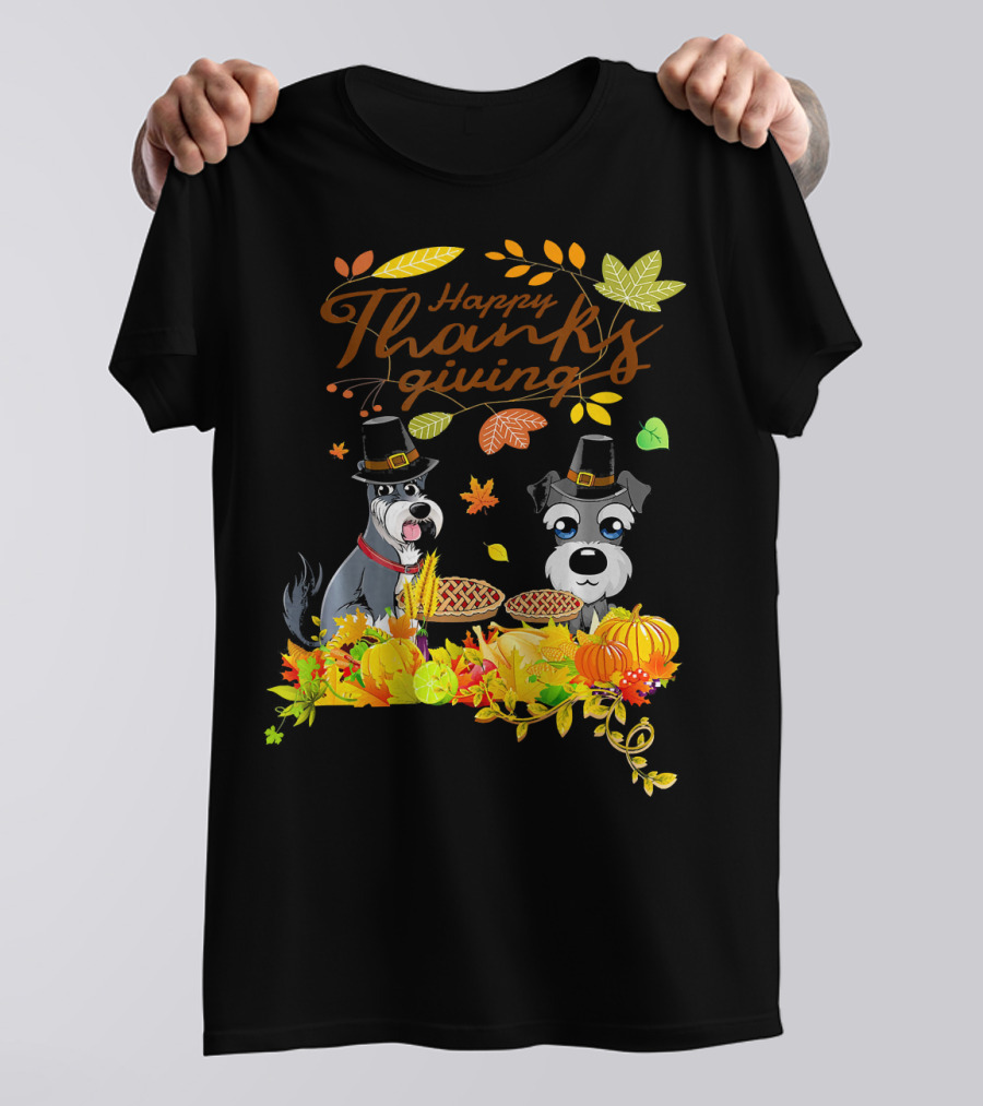 Happy Thanksgiving Pilgrim Miniature Schnauzers With Pie And Pumpkins T-Shirt
