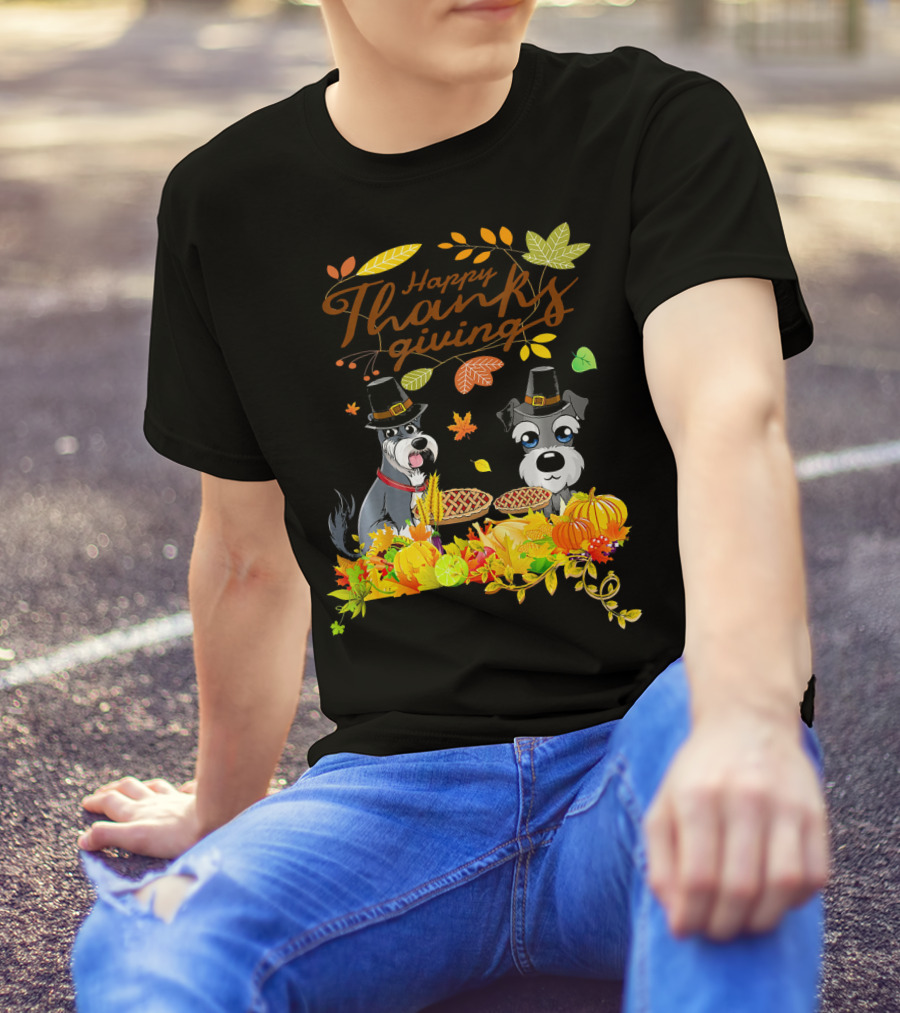 Happy Thanksgiving Pilgrim Miniature Schnauzers With Pie And Pumpkins T-Shirt