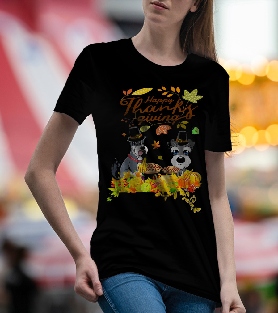 Happy Thanksgiving Pilgrim Miniature Schnauzers With Pie And Pumpkins T-Shirt