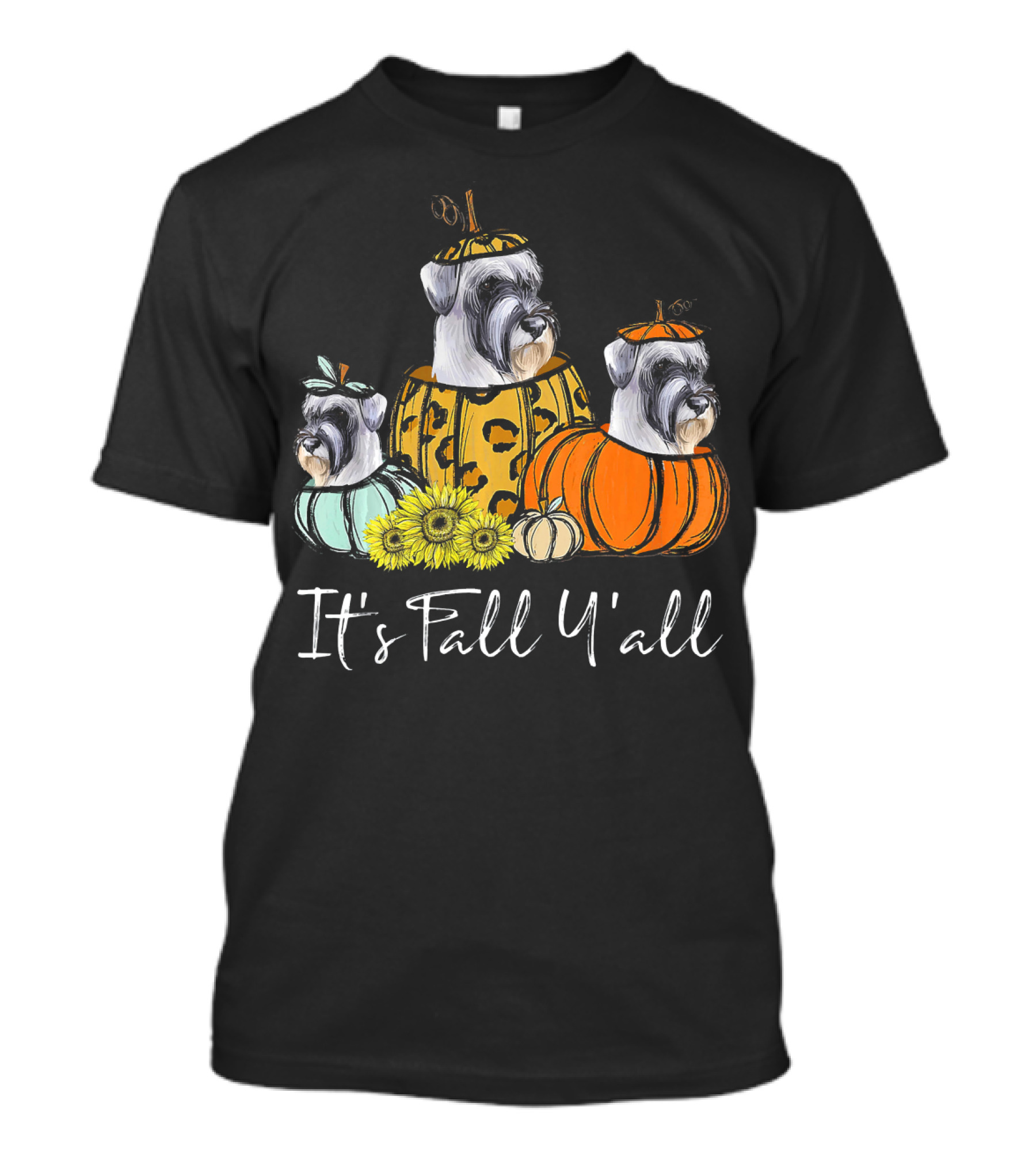 It's Fall Y'all Schnauzer Dogs In Pumpkin Costumes With Sunflowers T-Shirt