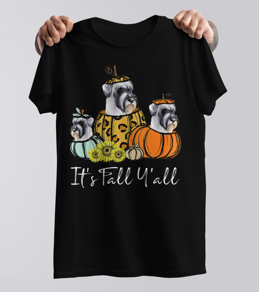 It's Fall Y'all Schnauzer Dogs In Pumpkin Costumes With Sunflowers T-Shirt
