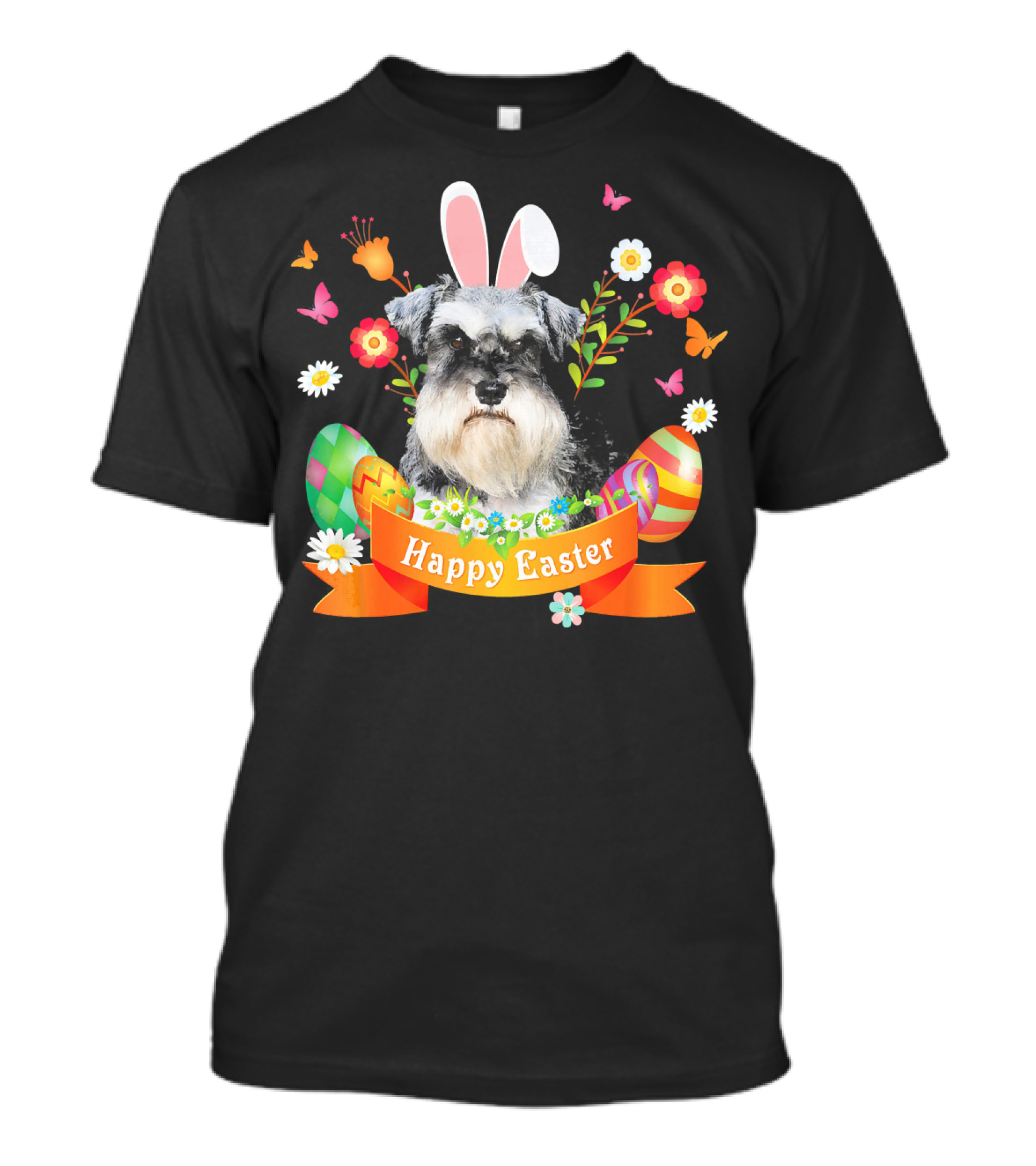 Happy Easter Bunny Schnauzer Dog With Eggs And Flowers T-Shirt
