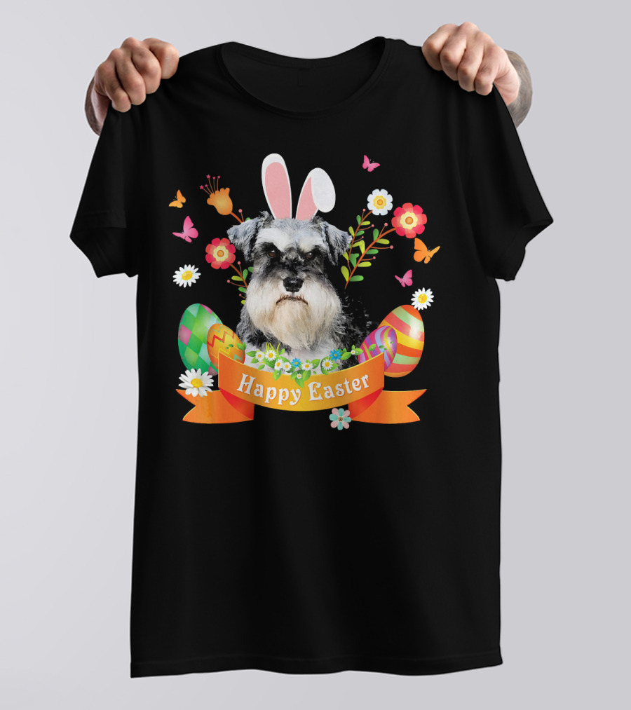 Happy Easter Bunny Schnauzer Dog With Eggs And Flowers T-Shirt