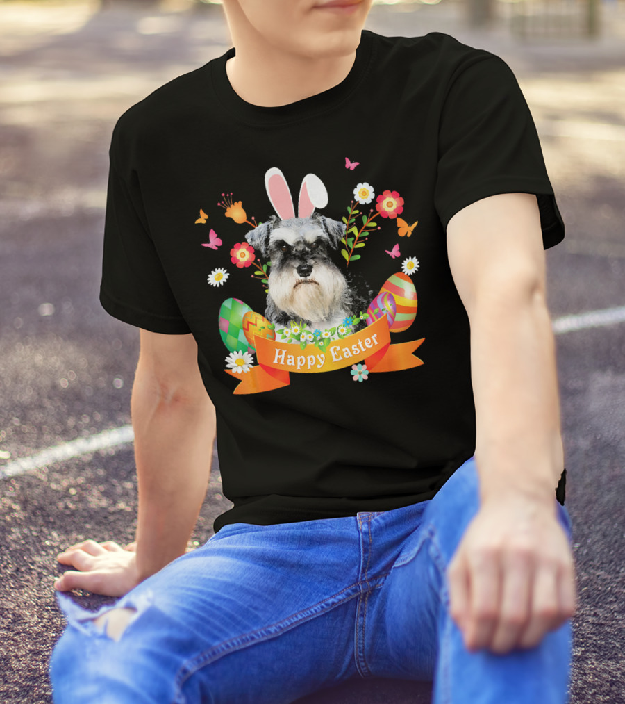 Happy Easter Bunny Schnauzer Dog With Eggs And Flowers T-Shirt