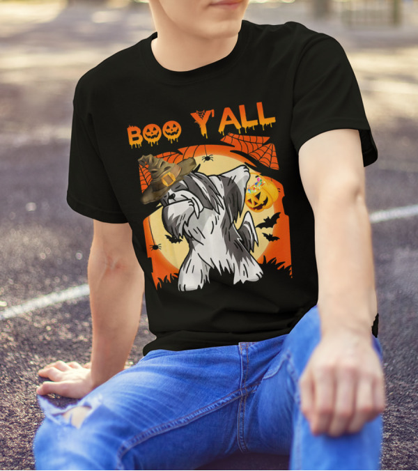 Lhasa Apso Dabbing Halloween Boo Yall Ghost Pumpkin Hat Spiders Bats T-Shirt
