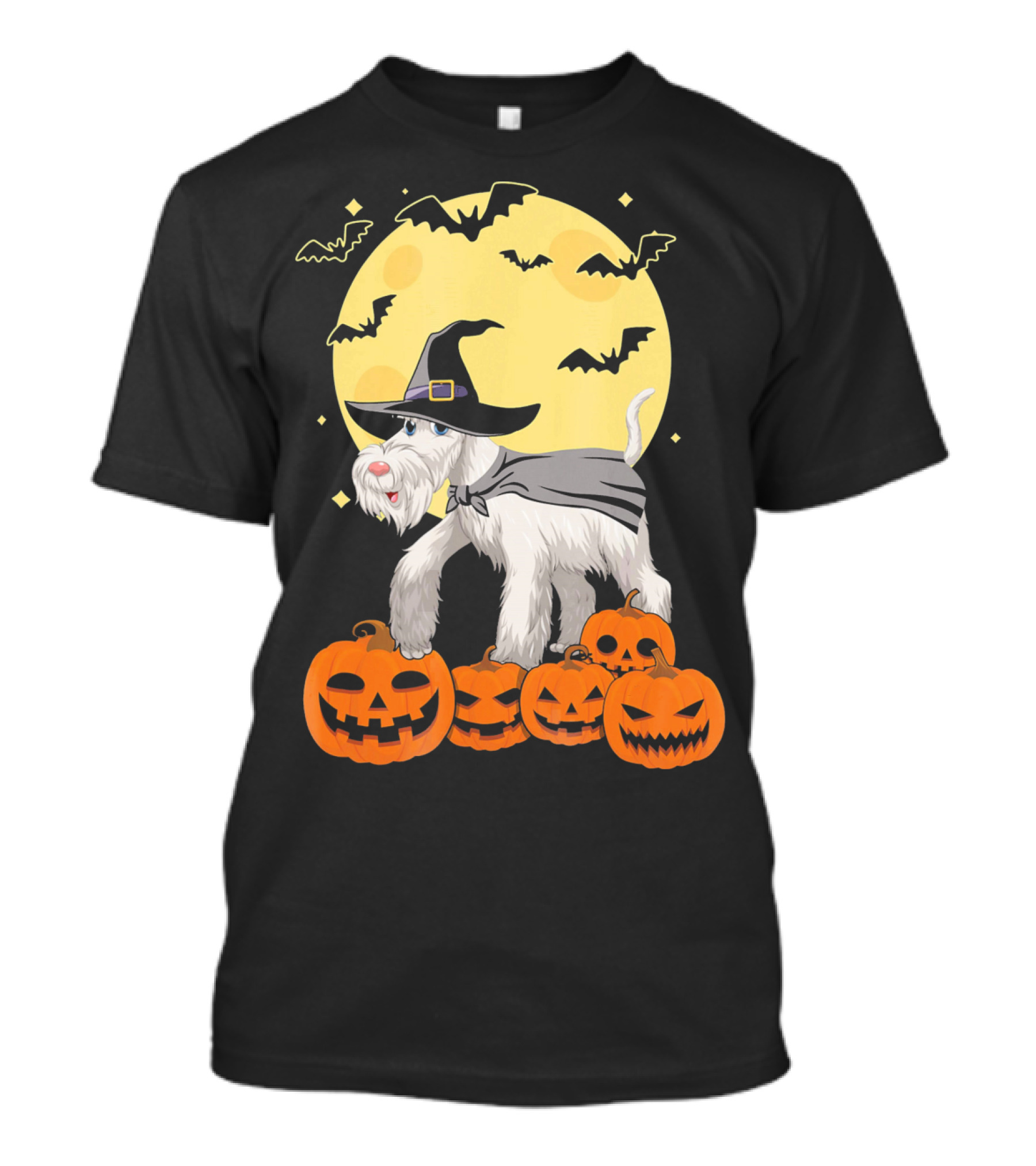 Happy Halloween Miniature Schnauzer Witch With Pumpkins And Bats T-Shirt