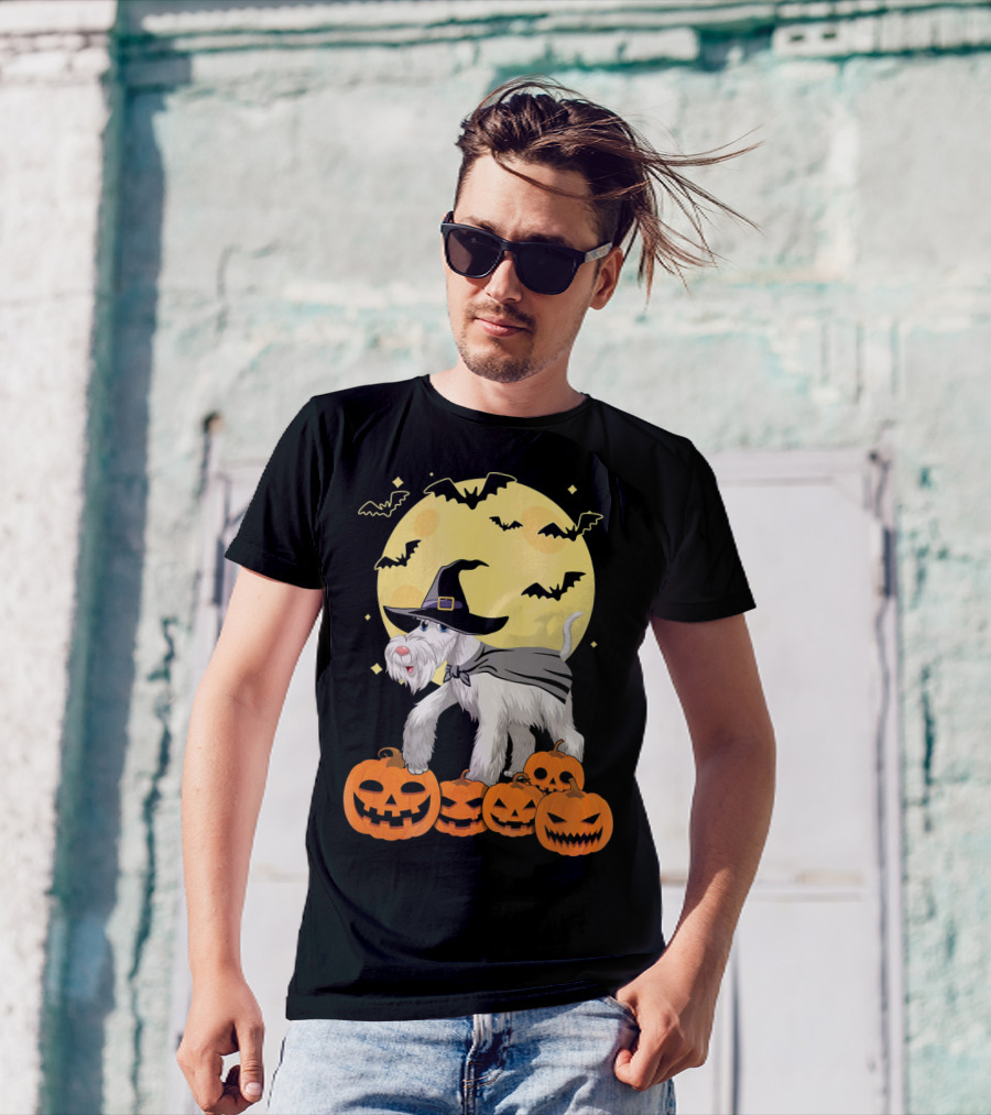 Happy Halloween Miniature Schnauzer Witch With Pumpkins And Bats T-Shirt