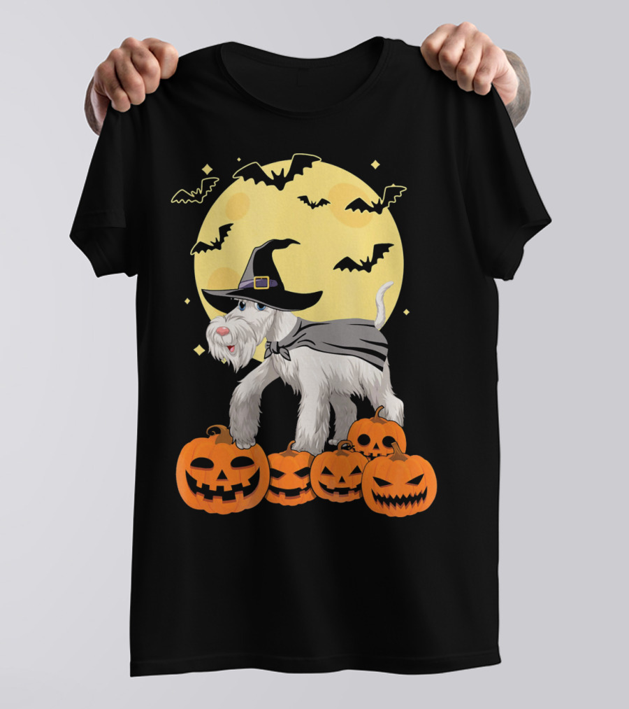 Happy Halloween Miniature Schnauzer Witch With Pumpkins And Bats T-Shirt