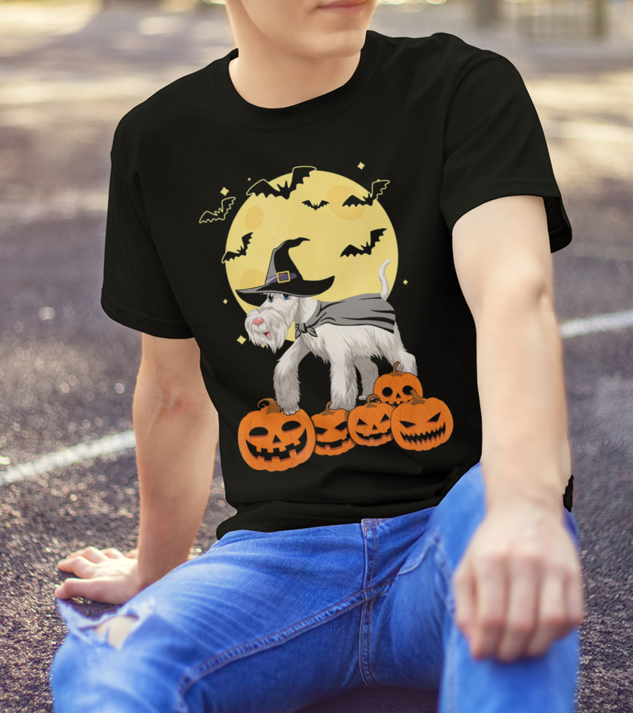 Happy Halloween Miniature Schnauzer Witch With Pumpkins And Bats T-Shirt