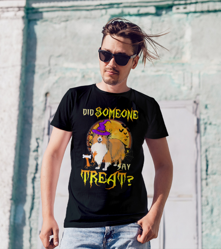 Did Someone Say Treat Sheltie Halloween Dog Costume Moon Background T-Shirt