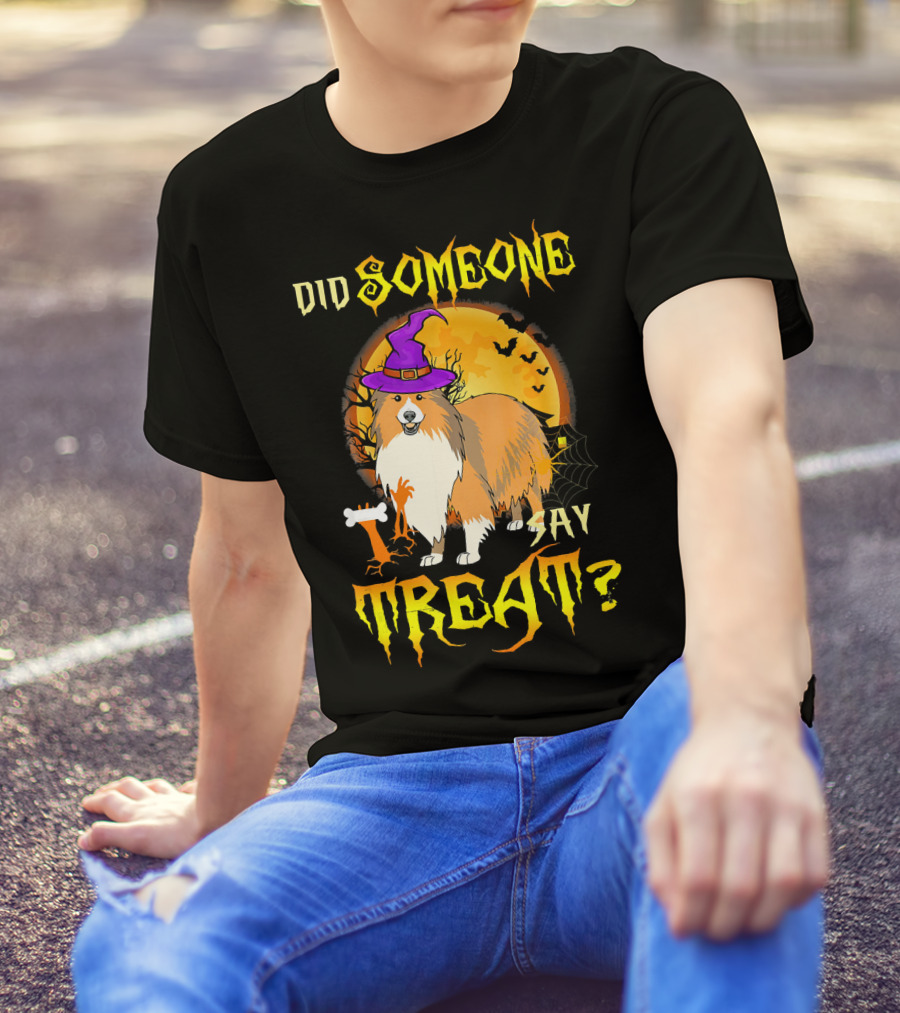 Did Someone Say Treat Sheltie Halloween Dog Costume Moon Background T-Shirt
