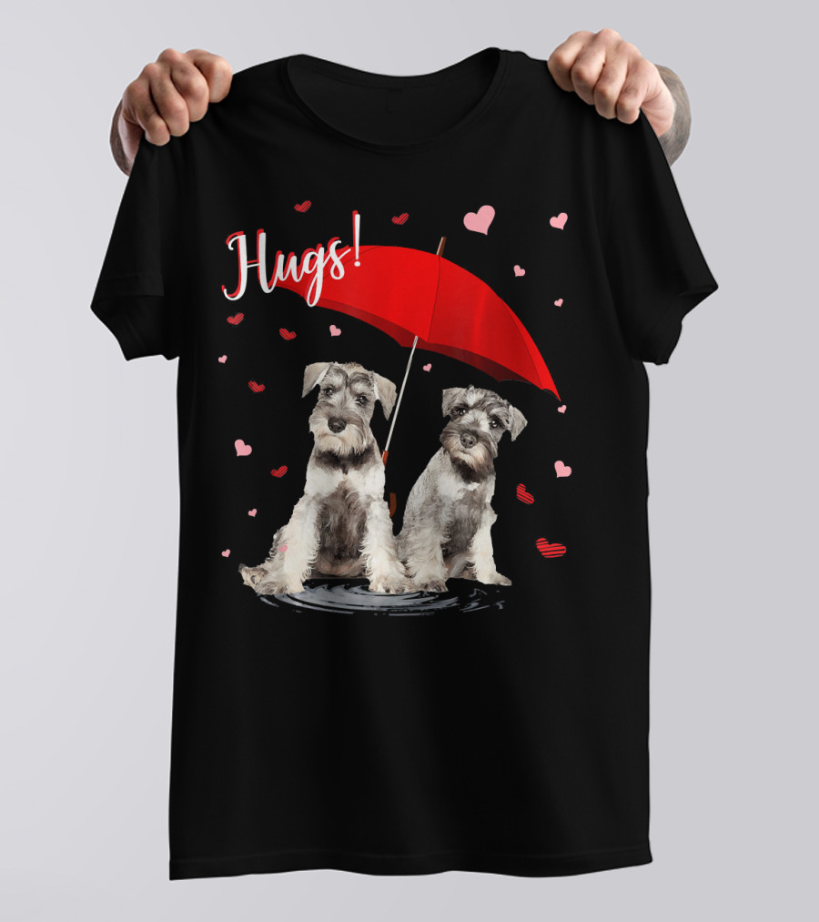 Hugs Miniature Schnauzer Pair Under Red Umbrella T-Shirt