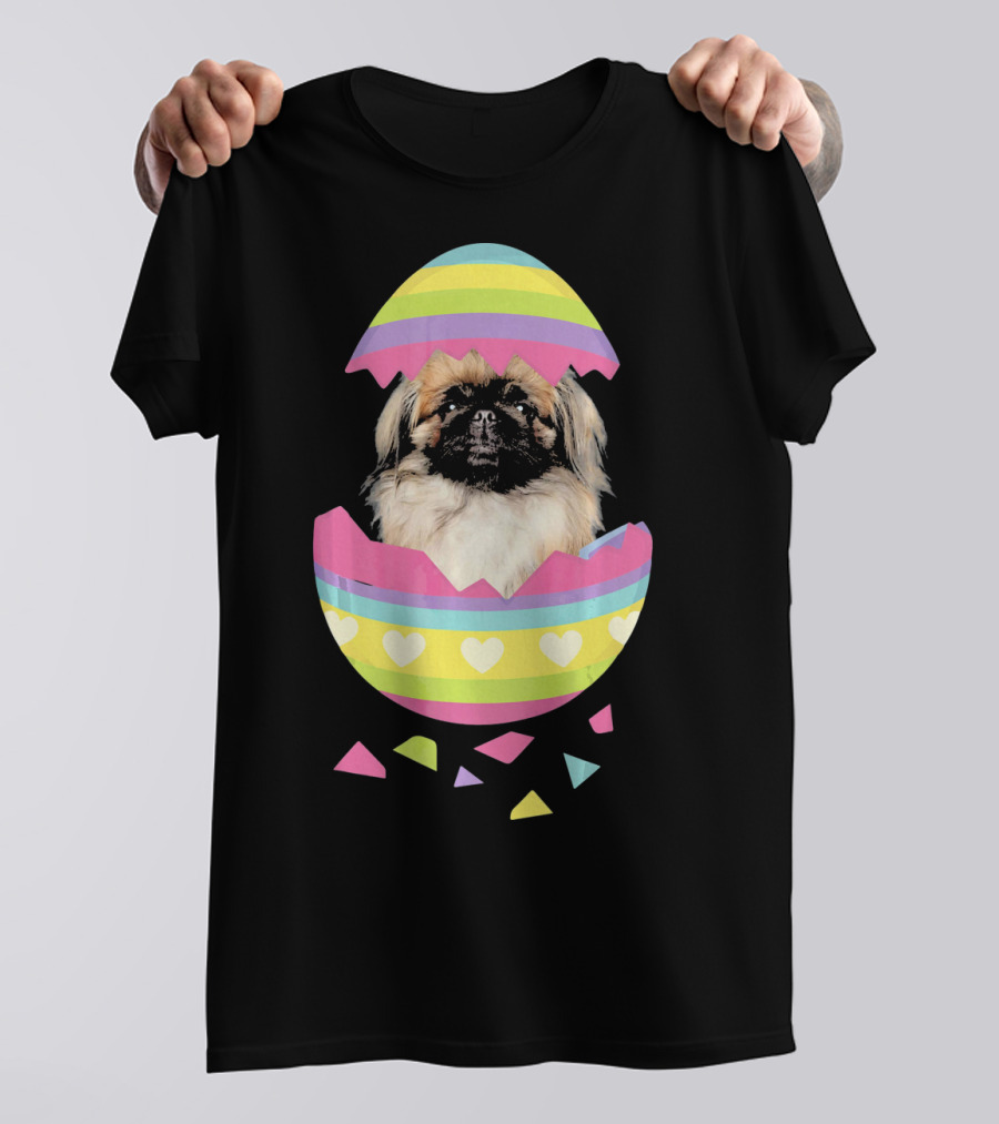 Pekingese In Colorful Striped Easter Egg With Hearts T-Shirt