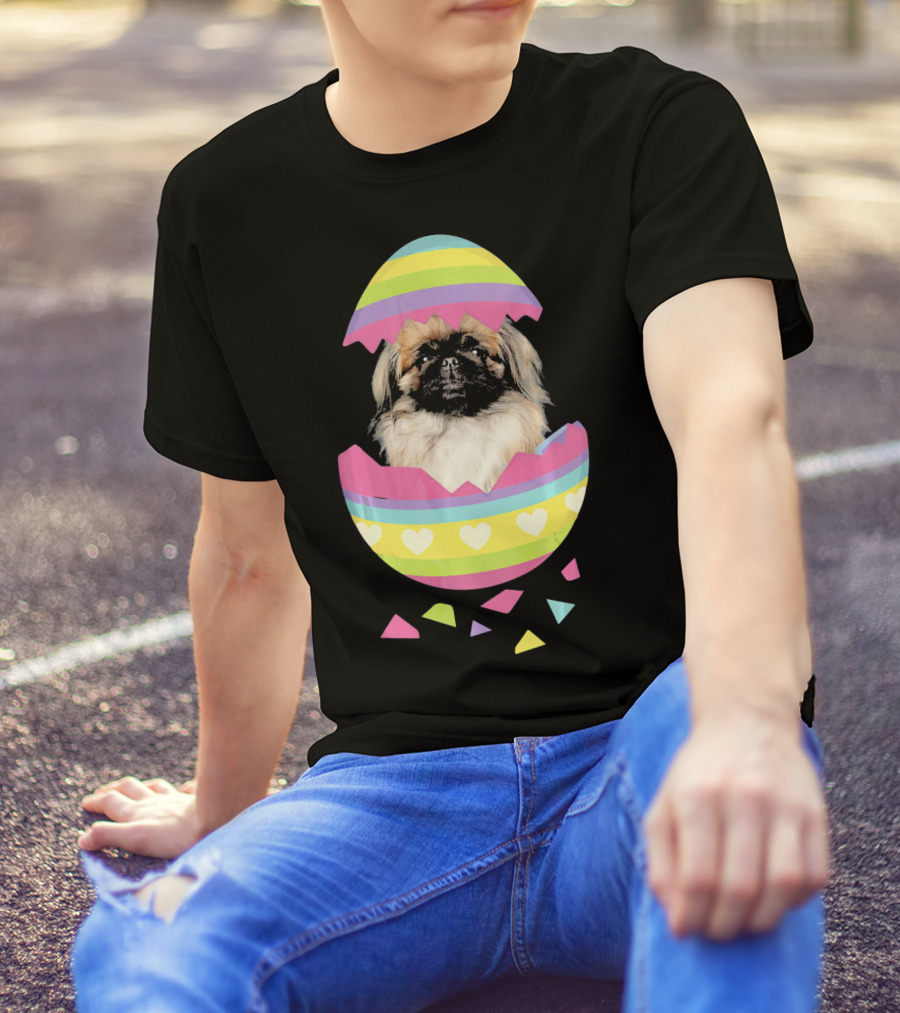Pekingese In Colorful Striped Easter Egg With Hearts T-Shirt