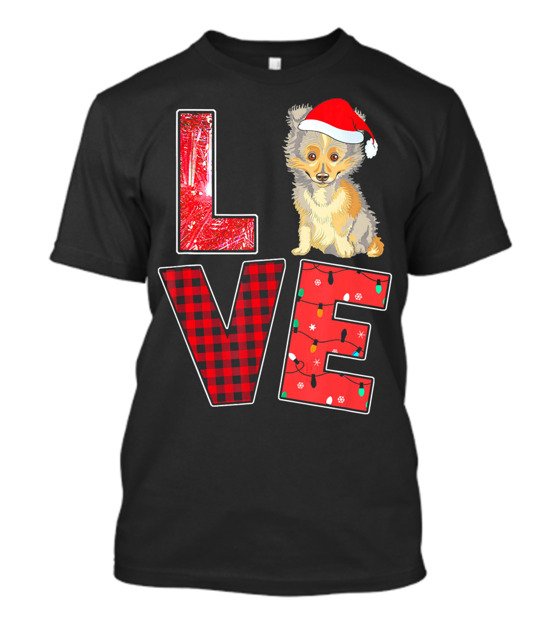 LOVE Christmas Sheltie Santa Hat Lights T-Shirt