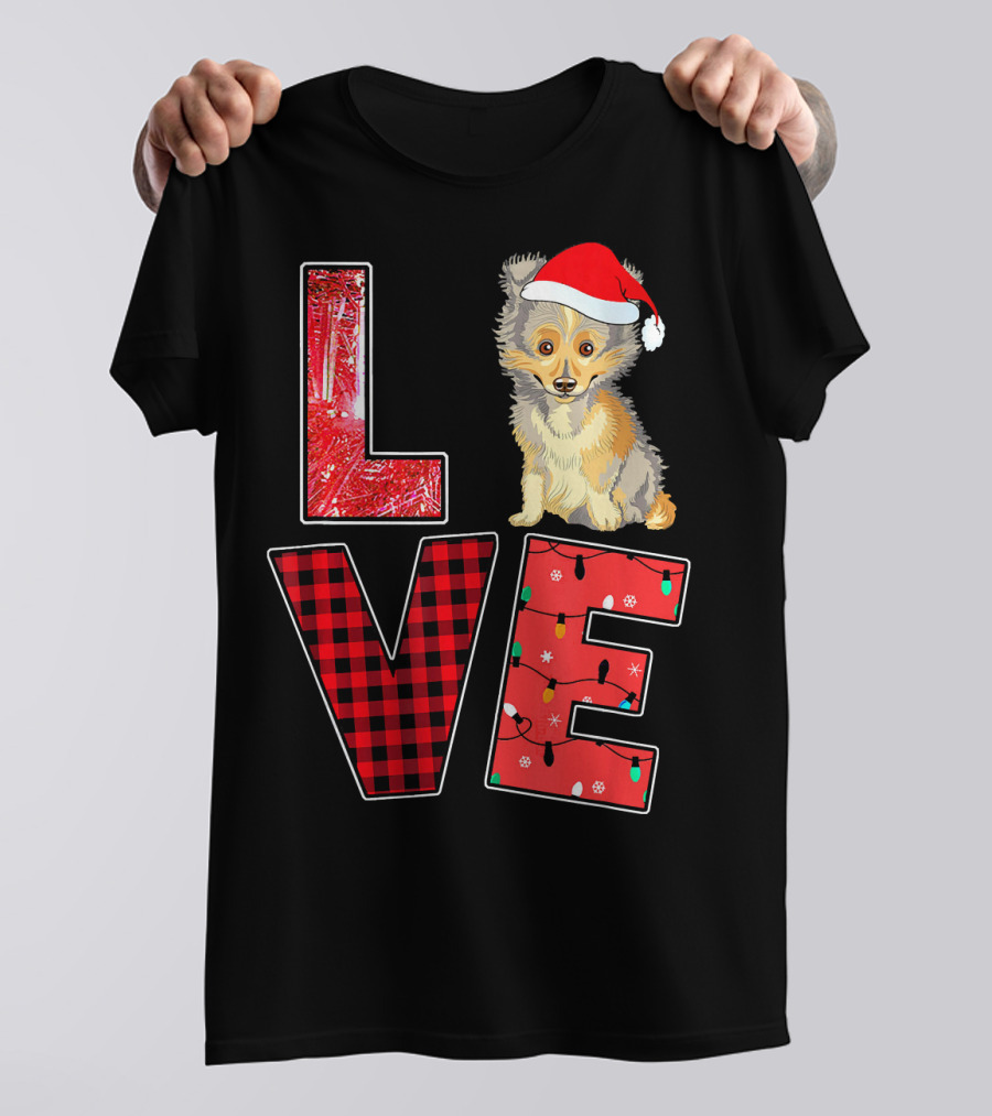 LOVE Christmas Sheltie Santa Hat Lights T-Shirt