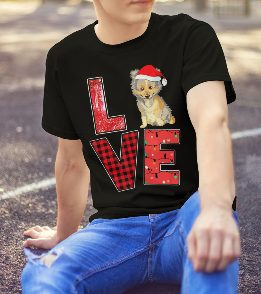 LOVE Christmas Sheltie Santa Hat Lights T-Shirt