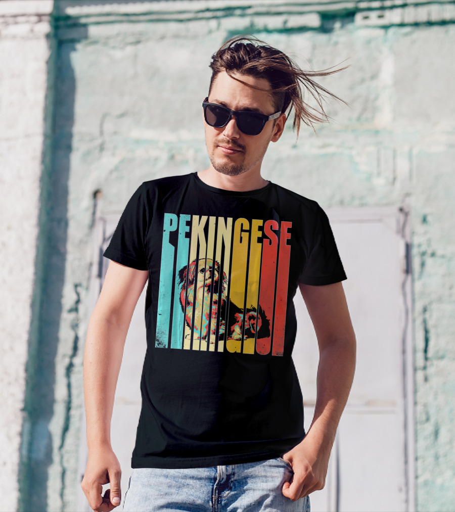 Vintage Pekingese Dog Retro Color Stripes T-Shirt