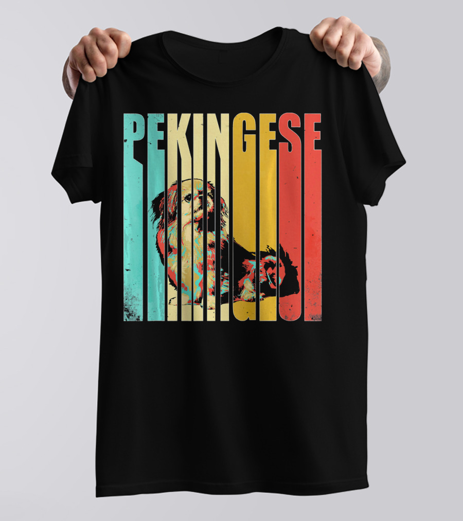 Vintage Pekingese Dog Retro Color Stripes T-Shirt
