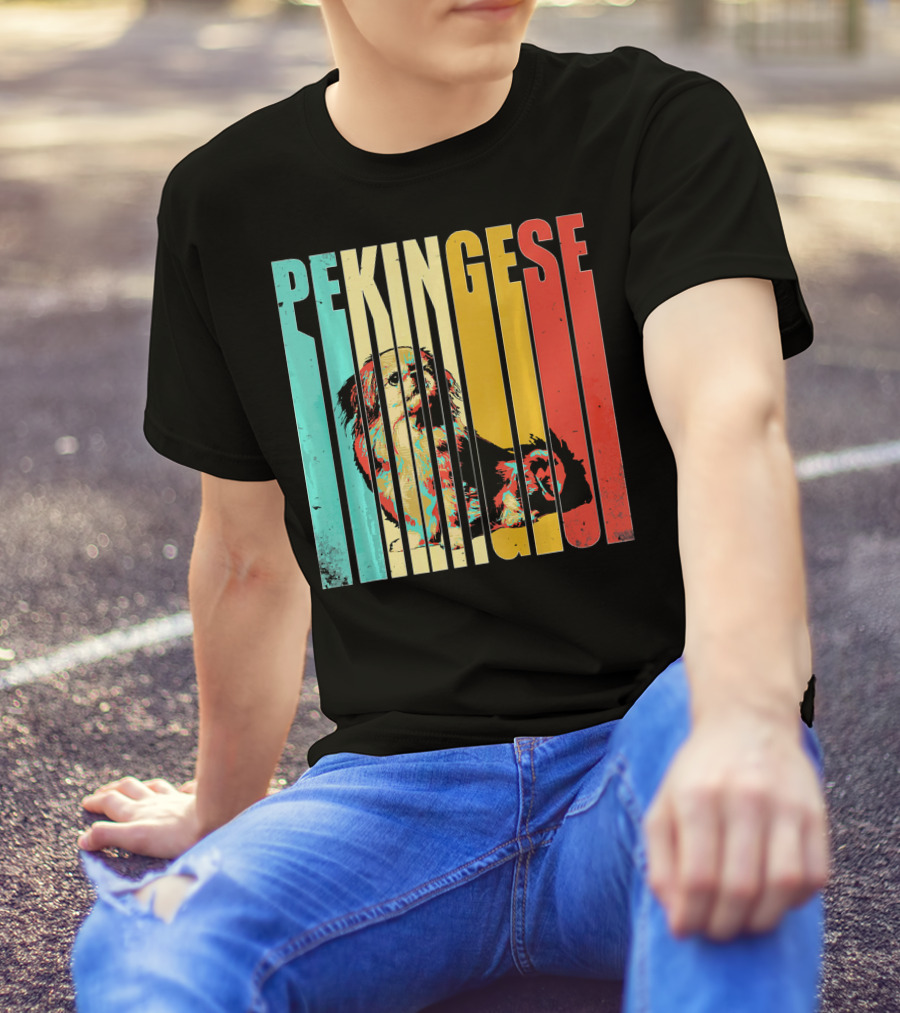 Vintage Pekingese Dog Retro Color Stripes T-Shirt