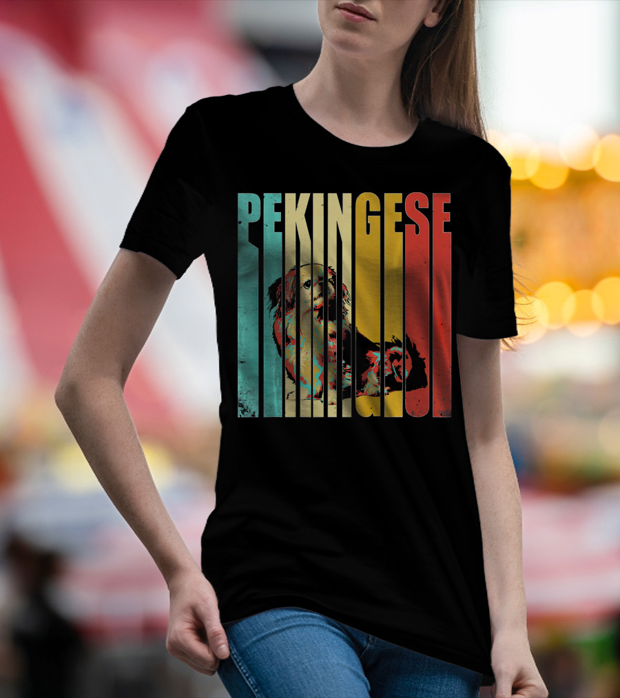 Vintage Pekingese Dog Retro Color Stripes T-Shirt