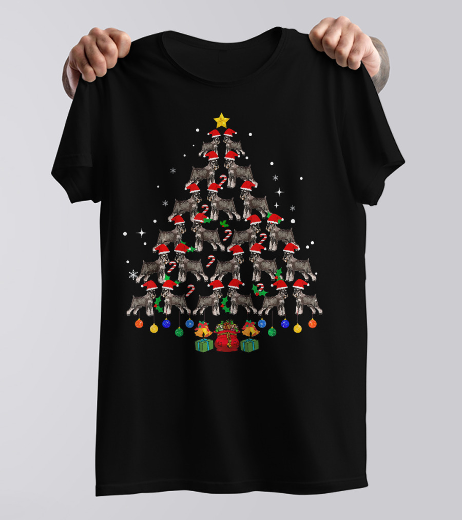 Funny Schnauzer Christmas Tree With Santa Hats And Gifts T-Shirt
