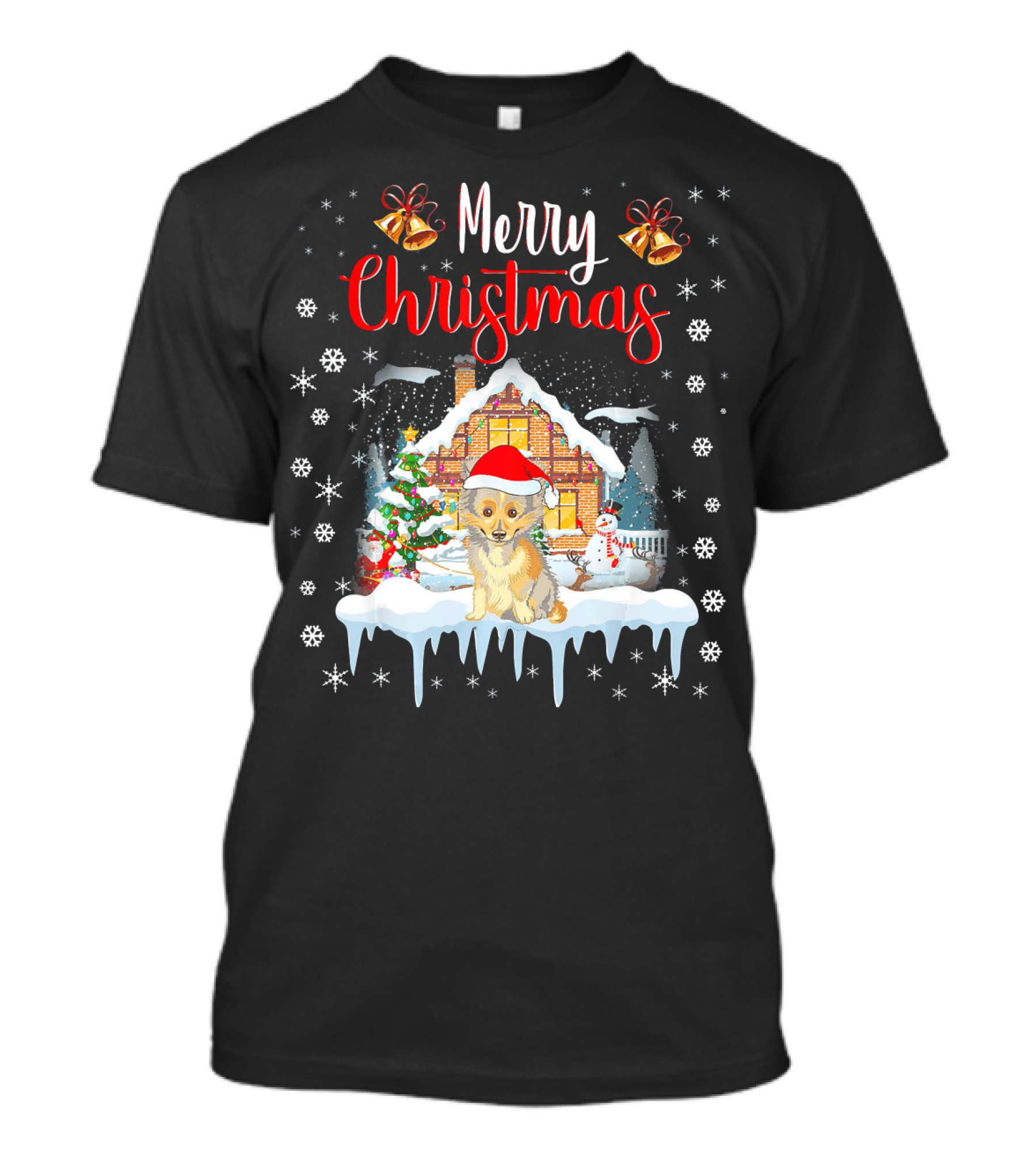 Merry Christmas Sheltie Santa Hat Winter Scene T-Shirt