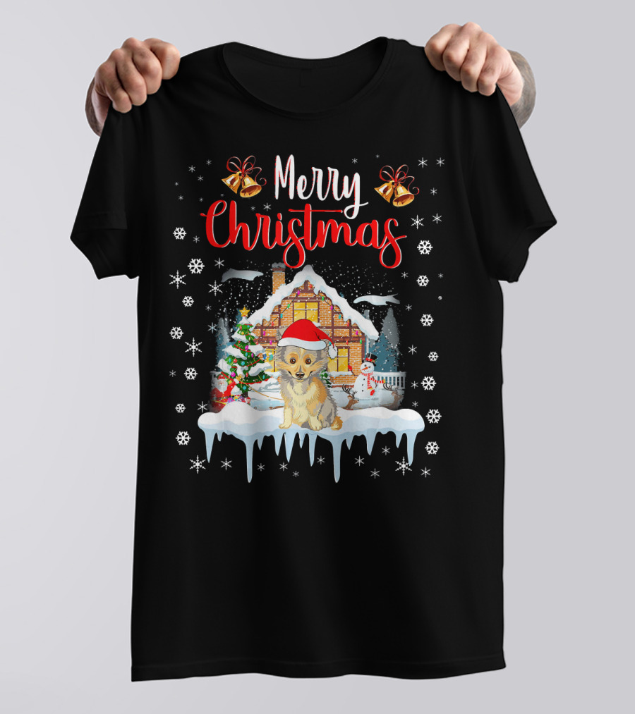 Merry Christmas Sheltie Santa Hat Winter Scene T-Shirt
