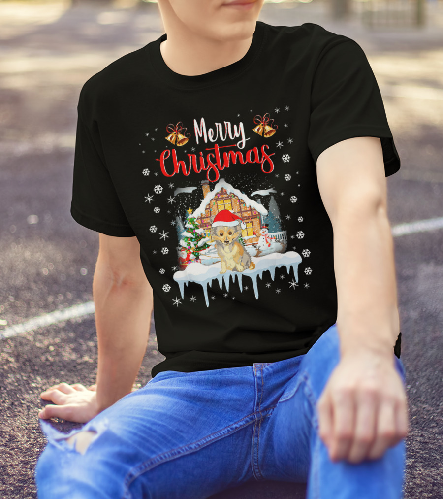 Merry Christmas Sheltie Santa Hat Winter Scene T-Shirt