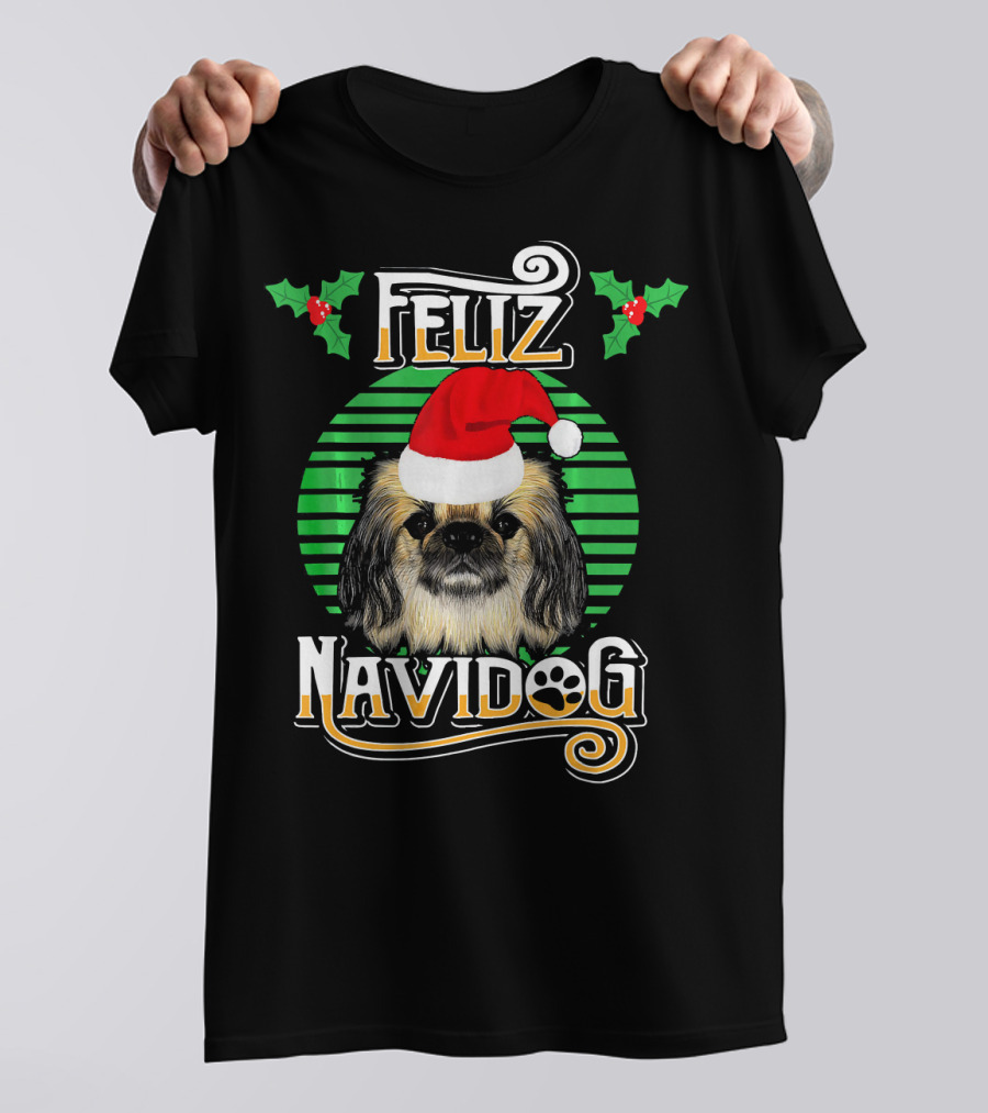 Feliz Navidog Pekingese Christmas Holiday Santa Hat T-Shirt