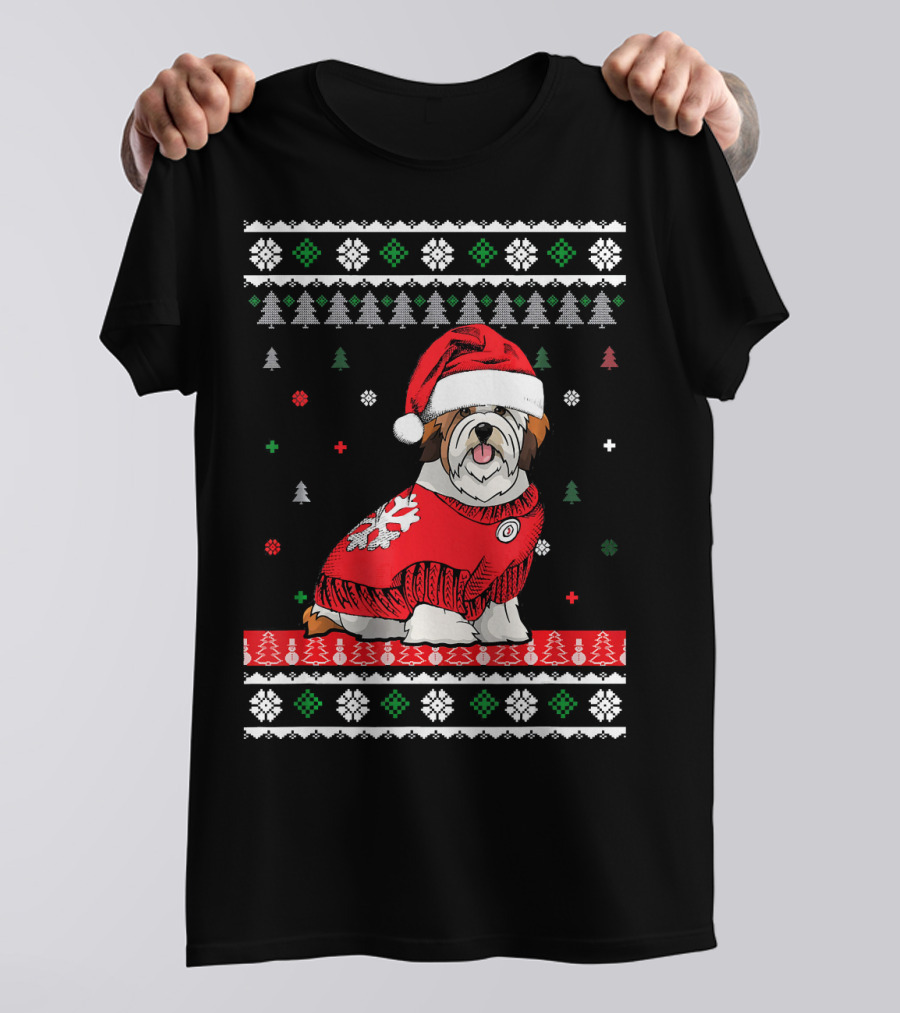 Cute Dog Lhasa Apso Santa Hat Christmas Sweater Holiday T-Shirt