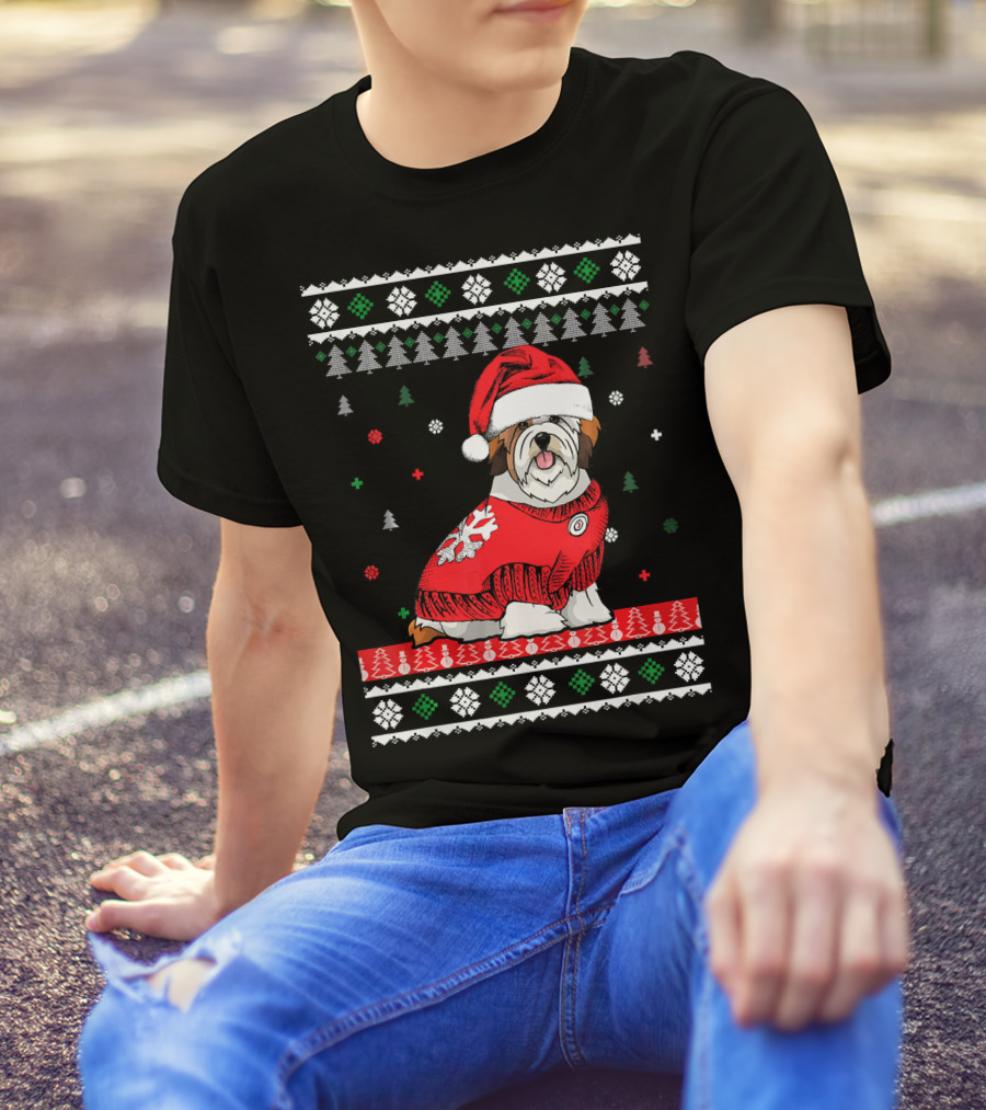 Cute Dog Lhasa Apso Santa Hat Christmas Sweater Holiday T-Shirt