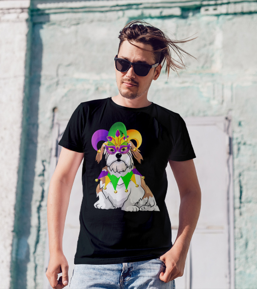 Lhasa Apso Mardi Gras Jester Dog Mask Costume T-Shirt