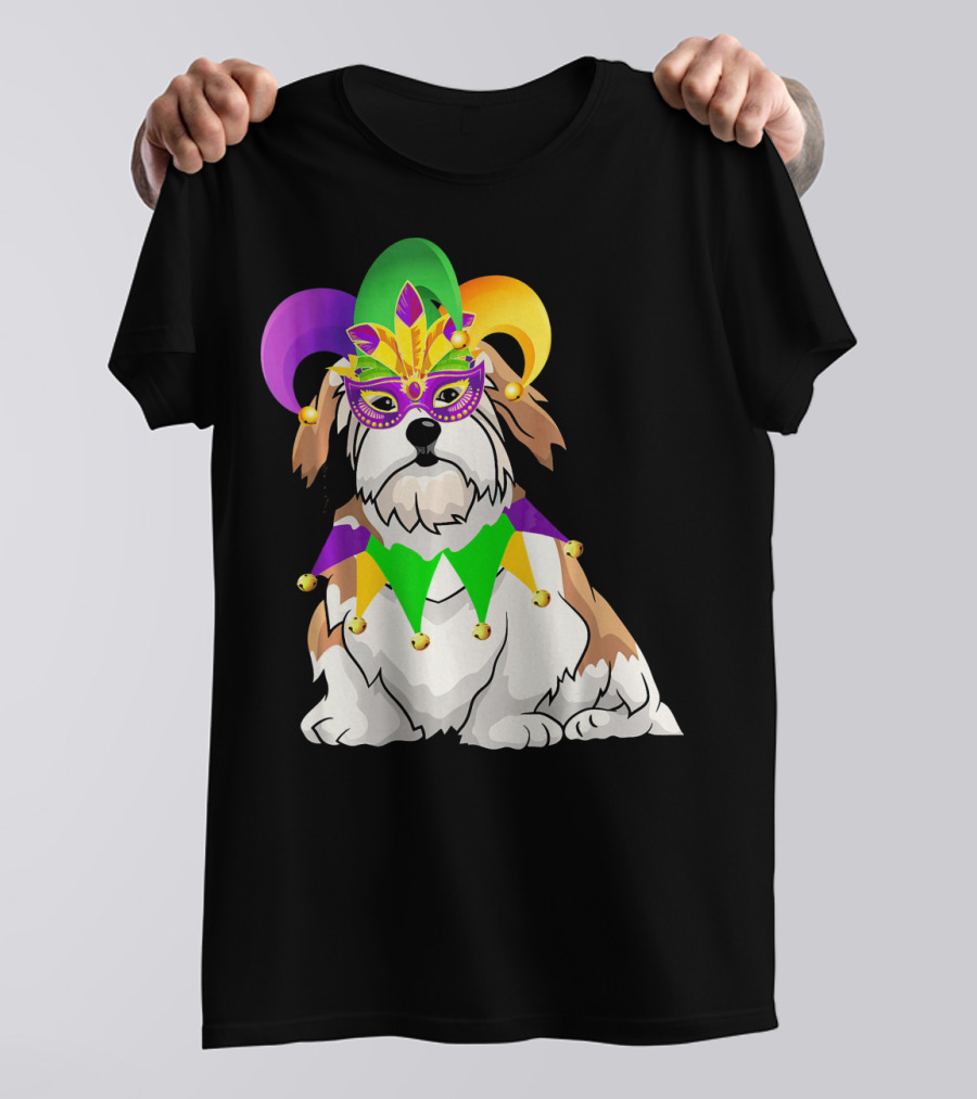 Lhasa Apso Mardi Gras Jester Dog Mask Costume T-Shirt