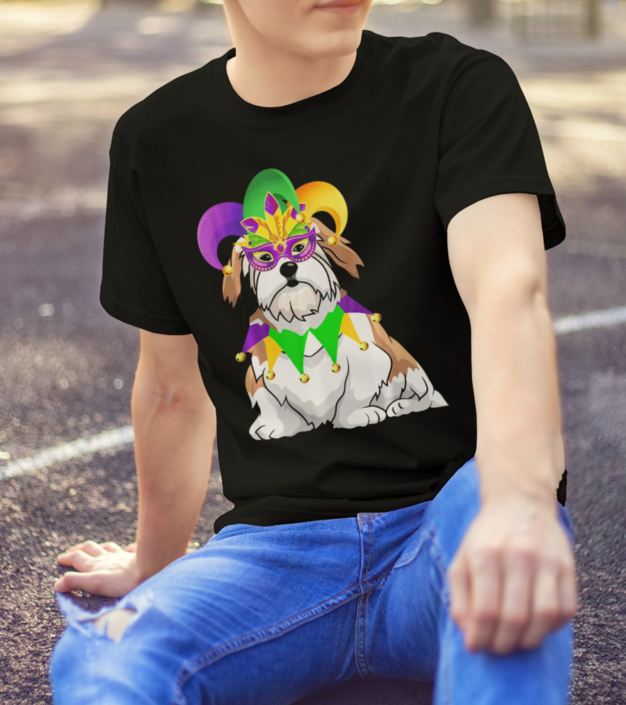 Lhasa Apso Mardi Gras Jester Dog Mask Costume T-Shirt