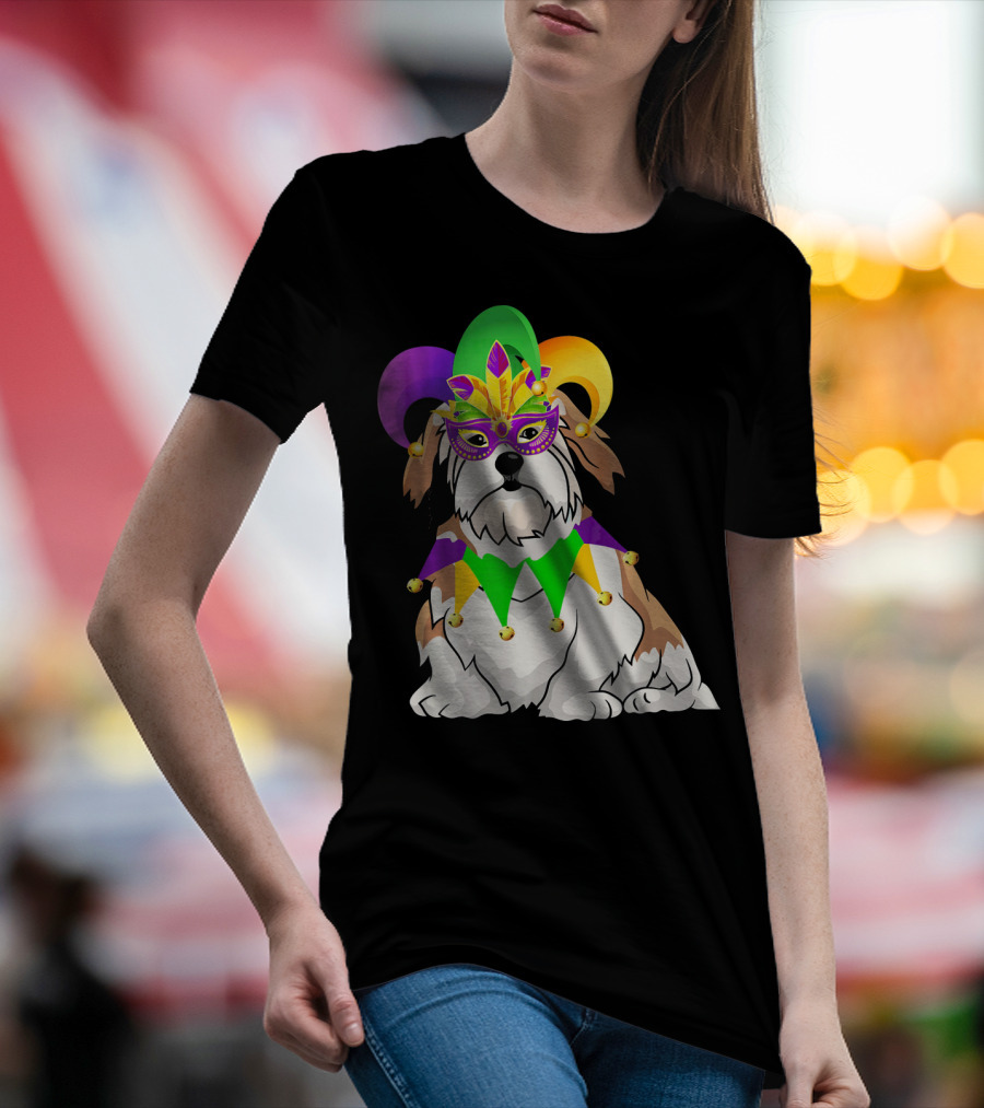 Lhasa Apso Mardi Gras Jester Dog Mask Costume T-Shirt